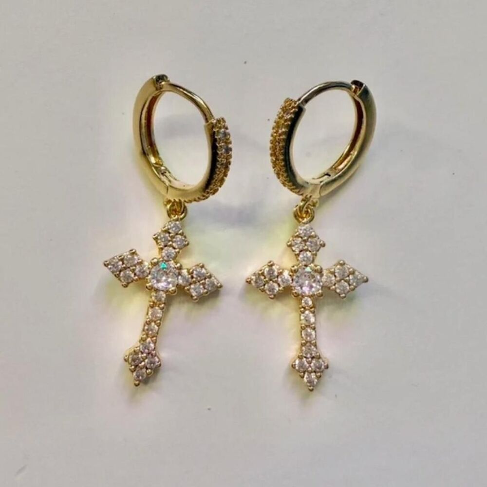 ꧁ᬊᬁ y2k style dangle gold plated cross hoop earrings ᬊ᭄꧂